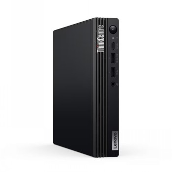 Mustanvärinen Lenovo ThinkCentre -minitietokone pystyasennossa, etupaneelissa portteja ja ThinkCentre-logo.