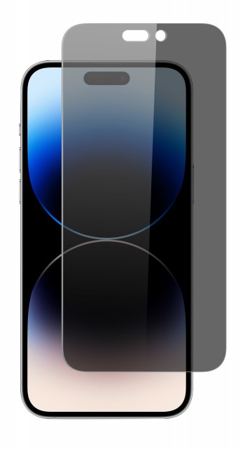 Läpinäkyvä, tummennettu Screenor-suojalasi pystyasennossa iPhone 15 Pro -mallille, kuvattuna edestä.