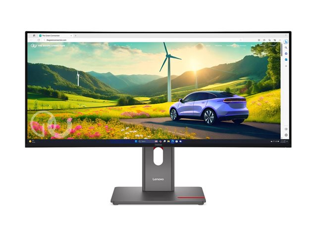 TS/P34WD-40 34" 3440x1440 IPS 120Hz -näytöllä näet violetin auton niityllä, taustalla tuulivoimalat ja kukkulat. Ergonominen suorakulmainen jalusta takaa mukavan käytön. - Prisma-IT Web
