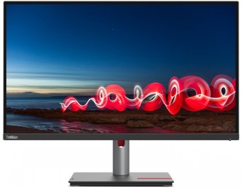 Laajakuvainen Lenovo-näyttö, ohut musta kehys, hopeanharmaa jalusta punaisella yksityiskohdalla, suora etunäkymä.