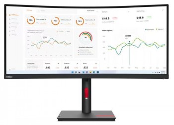 Kaareva Lenovo-näyttö, 34 tuumaa, musta kehys, säädettävä jalusta, laaja 21:9-kuvasuhde ja terävä WQHD-tarkkuus.
