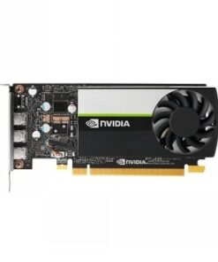 Matalaprofiilinen Dell-näytönohjain, musta runko, vihreä NVIDIA-logo, kolme mini DisplayPort-liitäntää ja tuuletin oikealla.
