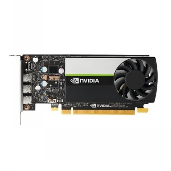 Matalaprofiilinen Dell-näytönohjain, musta runko, vihreä NVIDIA-logo, kolme mini DisplayPort-liitäntää ja tuuletin oikealla.
