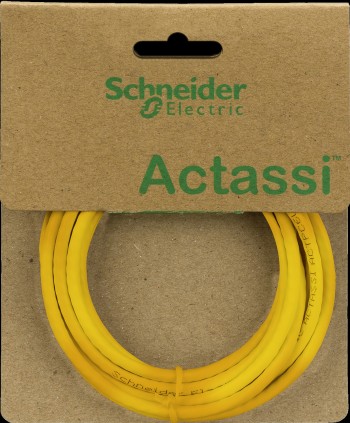Keltainen Schneider Electricin Actassi Cat6a -kytkentäkaapeli, 3,0 m, siististi rullattuna pahvisessa pakkauksessa, edestä...